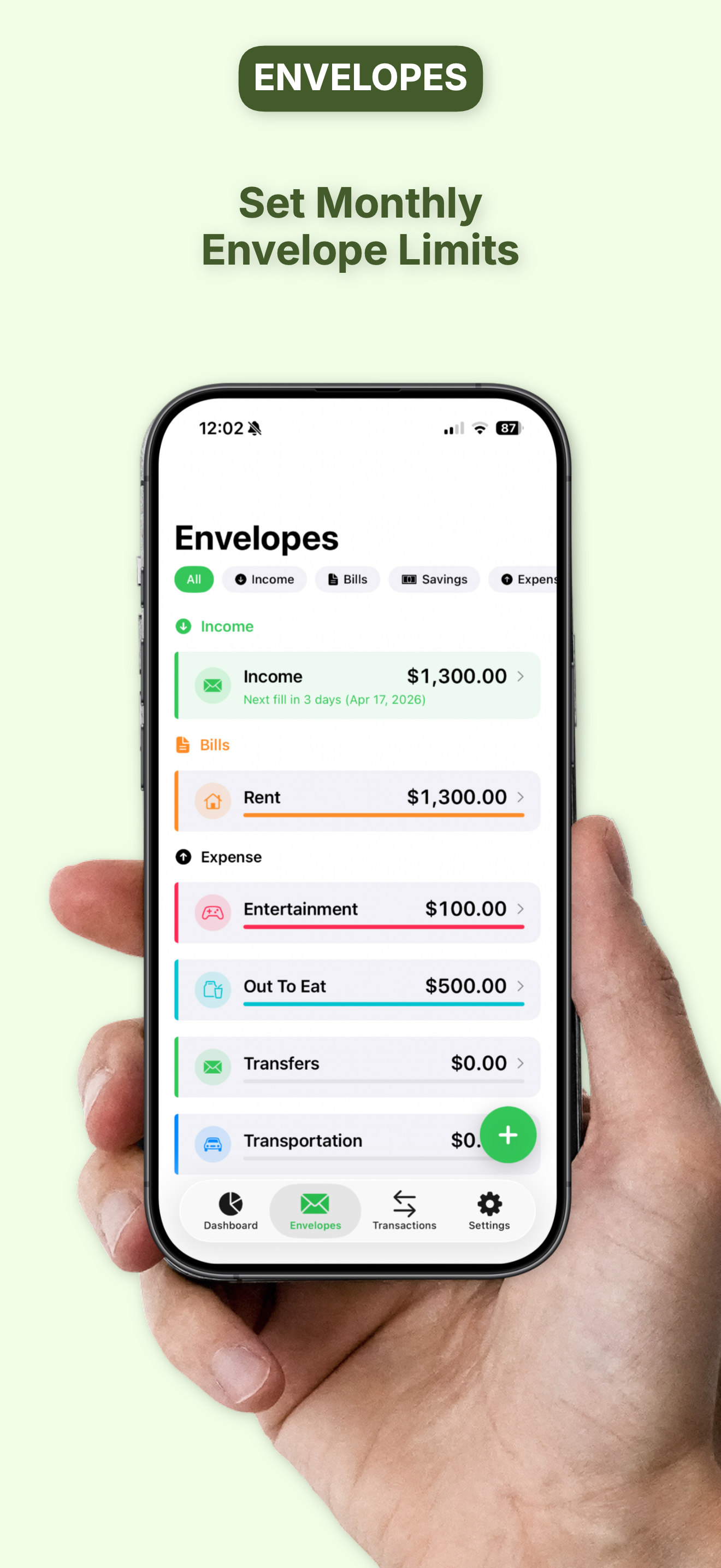 Envelopes screen showing monthly limits for Rent, Entertainment, Out To Eat, Transfers, Transportation