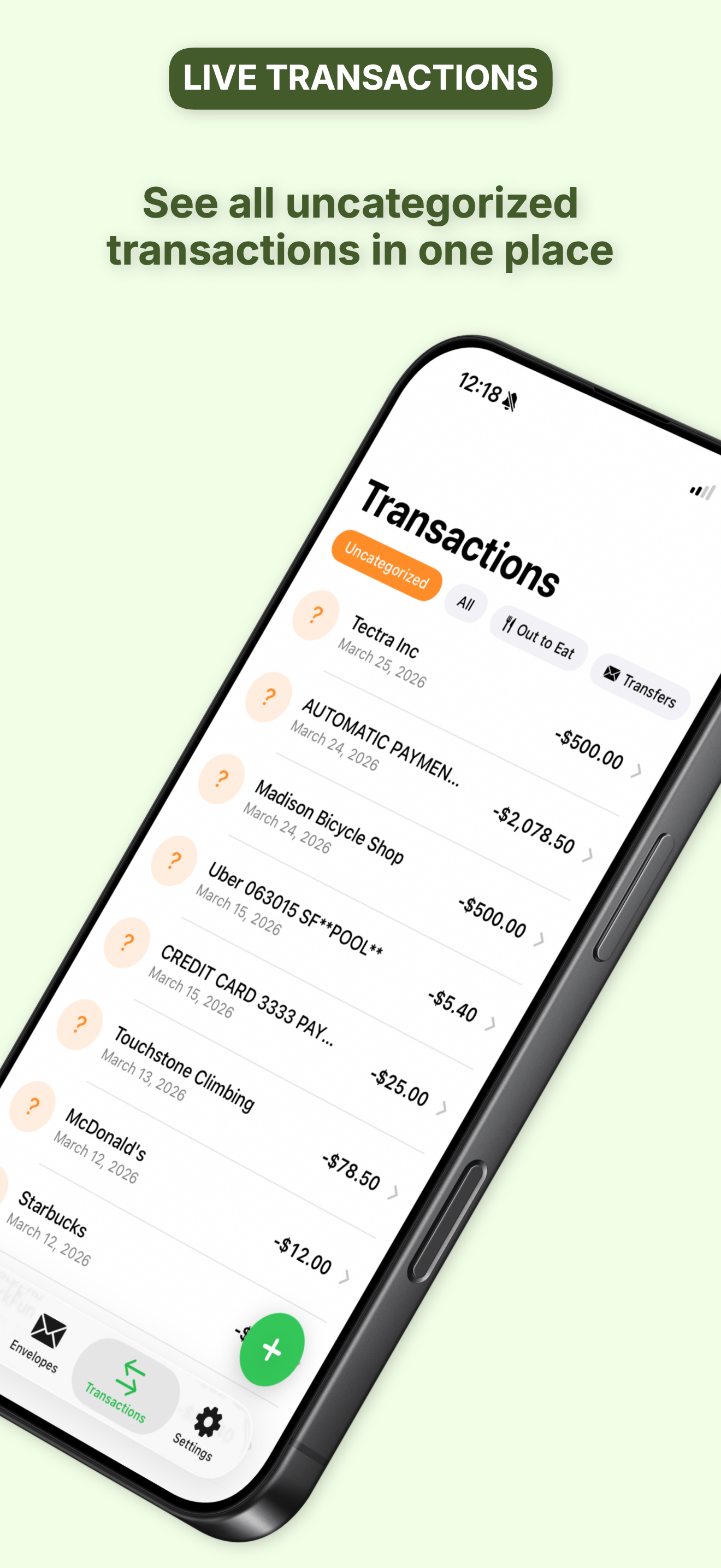 Live Transactions screen with uncategorized list