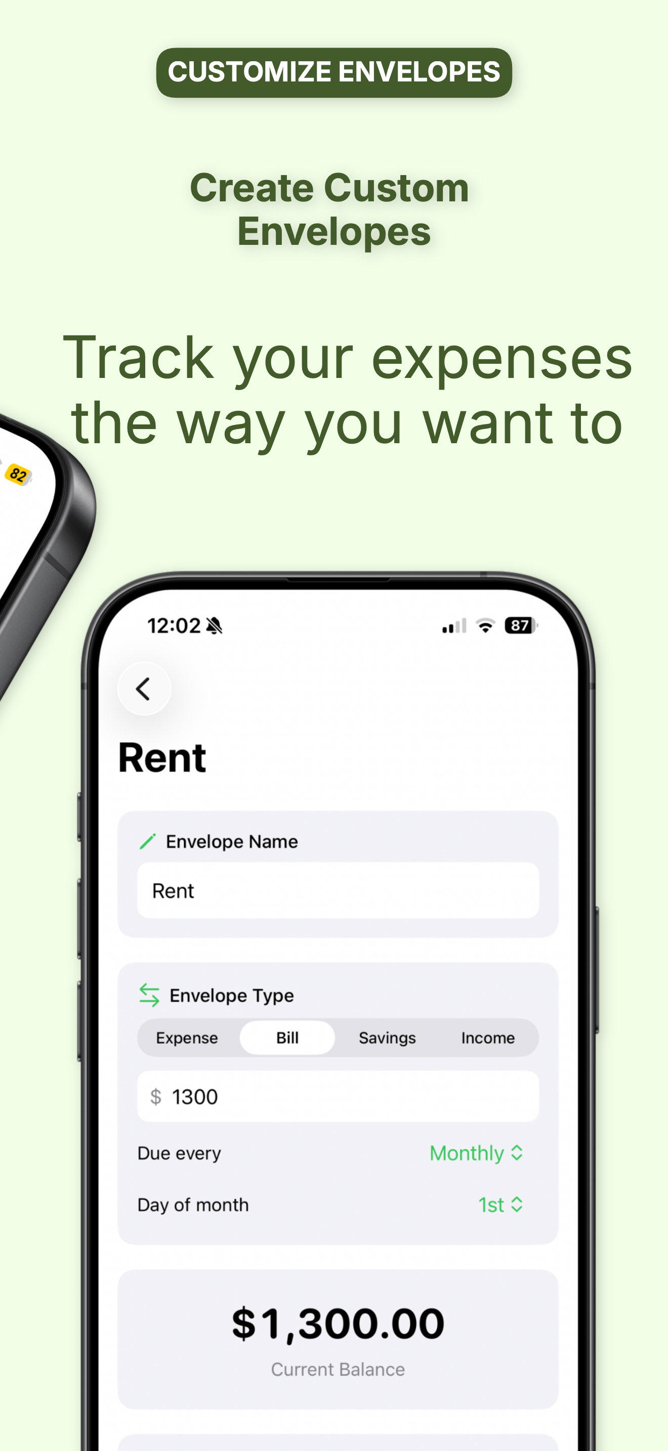 Edit Rent envelope with monthly schedule and $1,300 balance