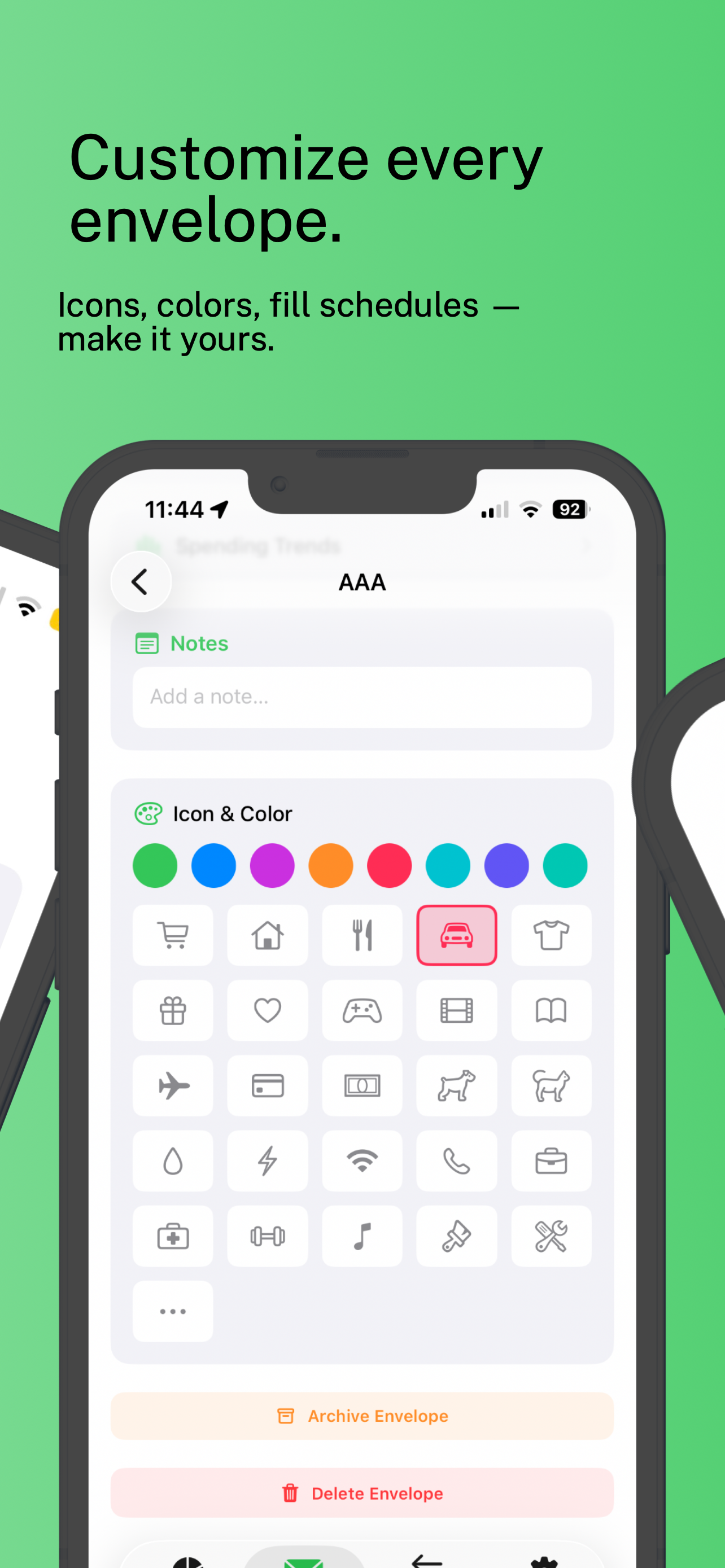 Envelope customization screenshot showing icons colors and fill schedules
