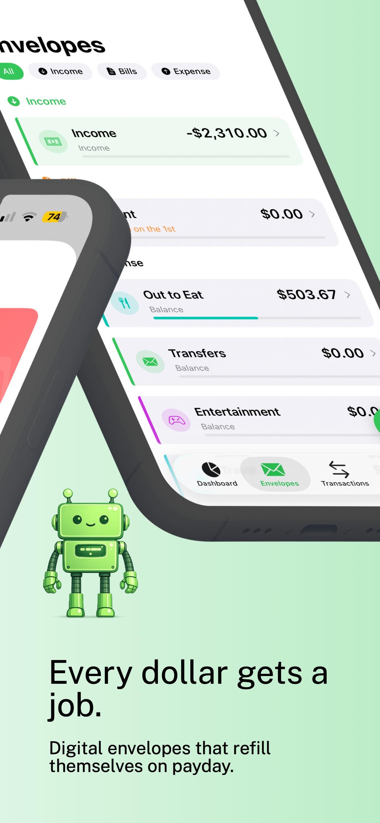 Digital envelopes screenshot showing every dollar gets a job