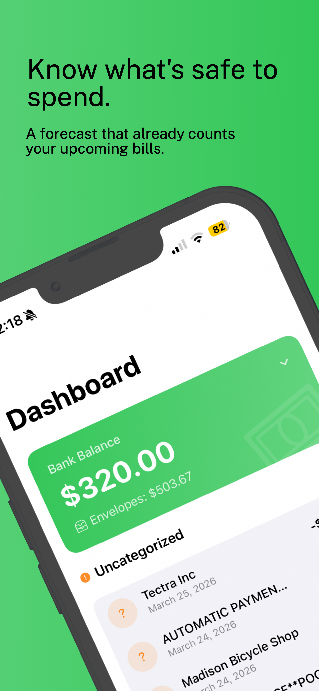 Dashboard screenshot showing safe to spend forecast with upcoming bills counted