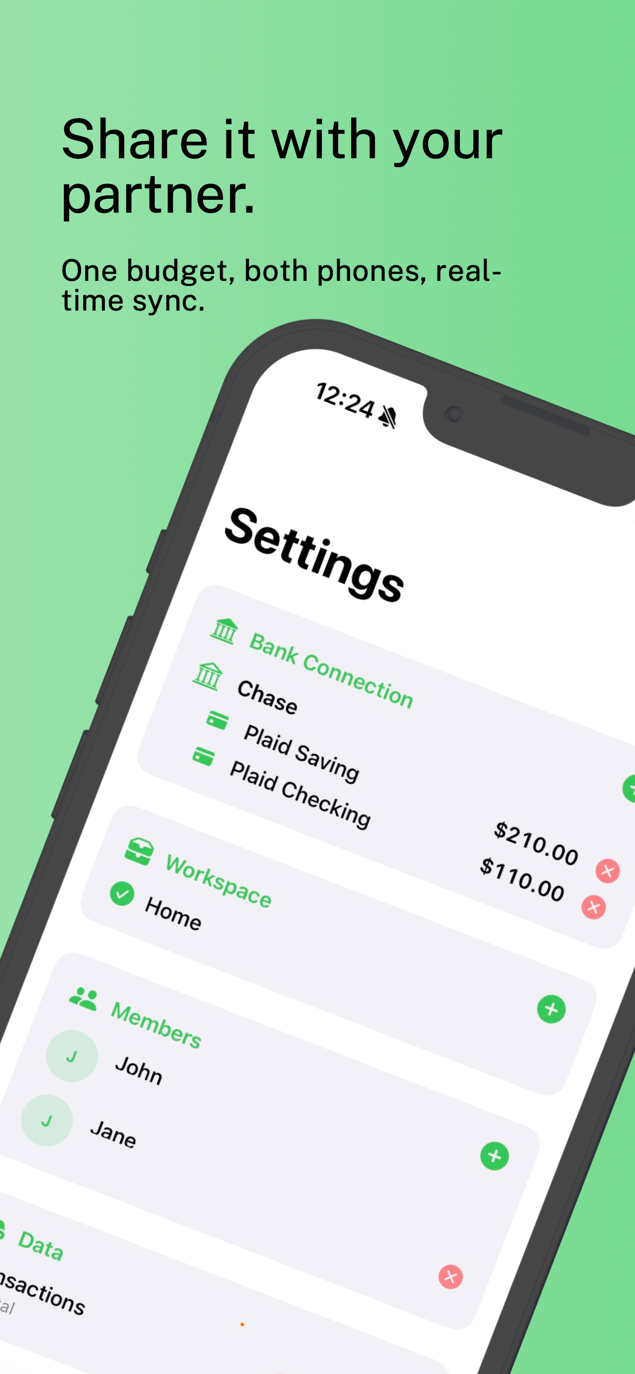 Settings screenshot showing shared budget workspace and members